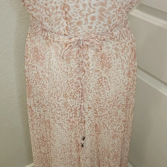 Oasis Peach Cream Patterned Flutter Sleeve Pleated Skirt Midi Spring Dress Sz 12 - Picture 5 of 9